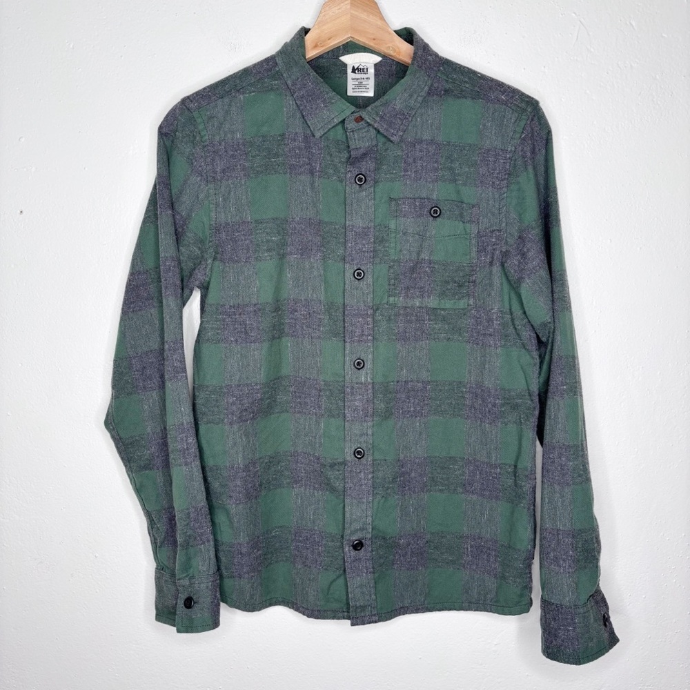 REI Kids Wallace Lake Green Gray Plaid Flannel Button Down Shirt Sz L 14-16 EUC